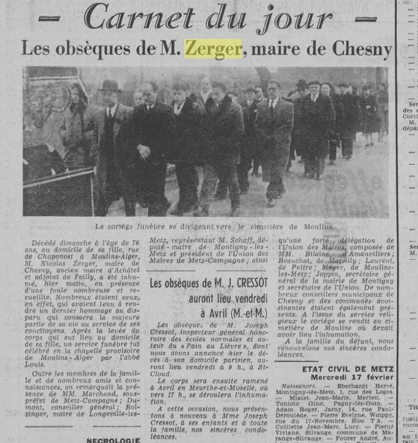 Coupure de presse historique sur les obsèques de Nicolas Zerger, maire de Chesny, en 1954